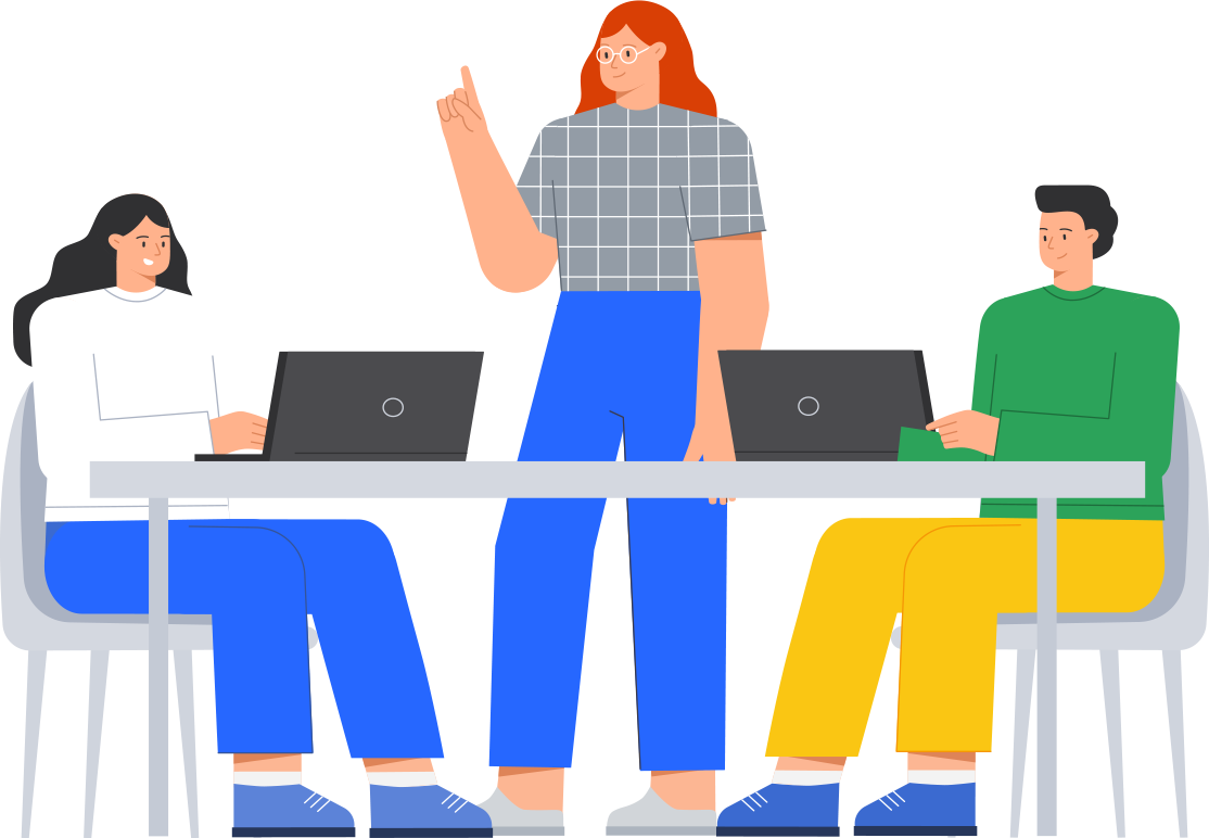 Illustration de trois personnes en réunion devant des ordinateurs